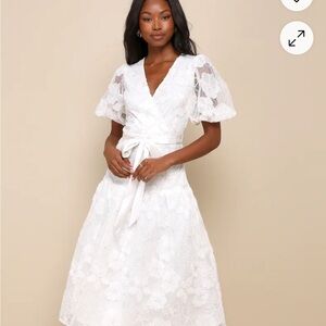 NWT Lulus White Puff Sleeve Midi Dress V-Neck A-Line